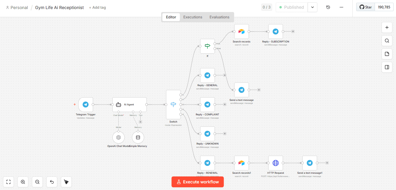 Gym Life AI Receptionist workflow screenshot