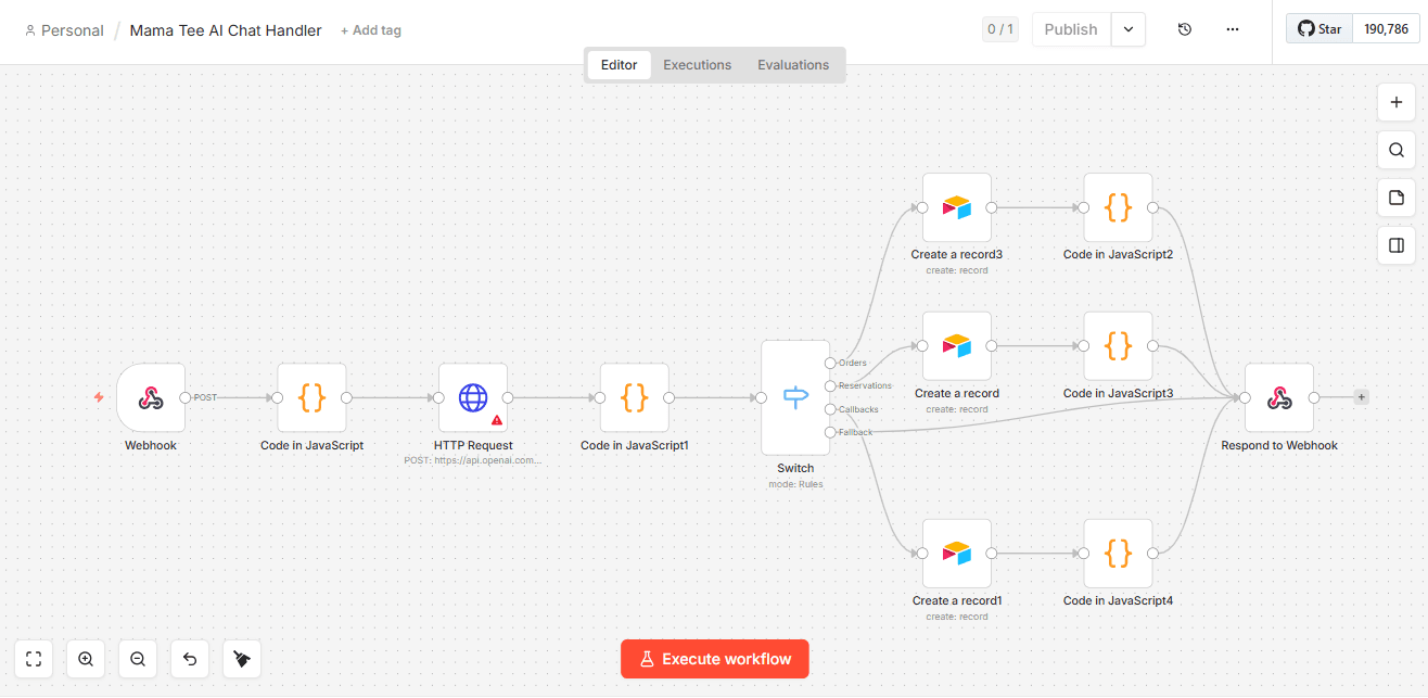 Mama Tee's Kitchen — AI Chat Ordering System workflow screenshot